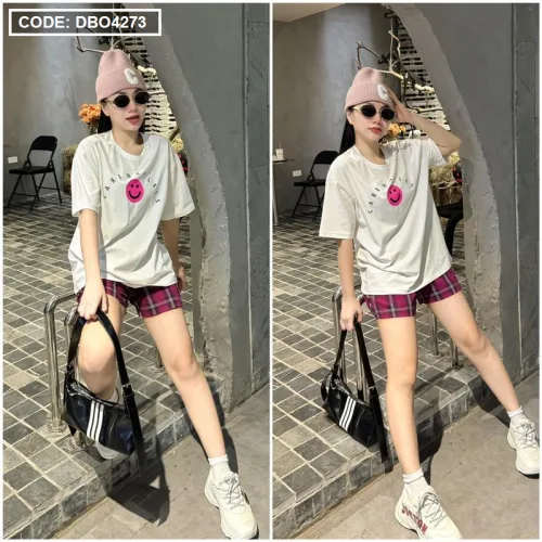 Đồ bộ thun nữ quần đùi caro in hình mặt cười