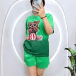 Đồ bộ thun nữ quần đùi in hình gấu mang kính form rộng 60kg
