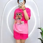 Đồ bộ thun nữ quần đùi in hình gấu mang kính form rộng 60kg