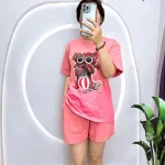 Đồ bộ thun nữ quần đùi in hình gấu mang kính form rộng 60kg