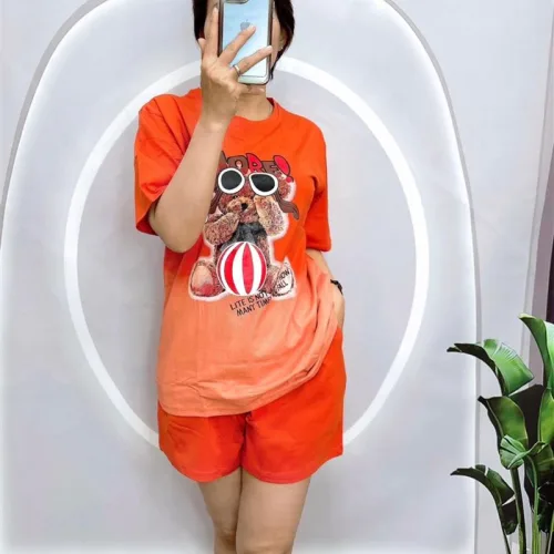 Đồ bộ thun nữ quần đùi in hình gấu mang kính form rộng 60kg