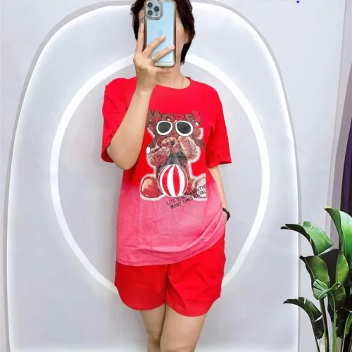 Đồ bộ thun nữ quần đùi in hình gấu mang kính form rộng 60kg