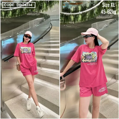 Đồ bộ thun nữ quần đùi in hình xương cá form rộng