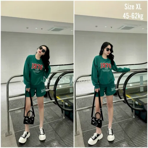 Đồ bộ thun nữ quần ngắn tay dài thêu số 1976 hàng xịn lên form chuẩn đẹp