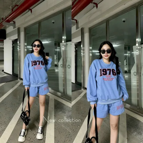 Đồ bộ thun nữ quần ngắn tay dài thêu số 1976 hàng xịn lên form chuẩn đẹp