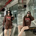 Đồ bộ thun nữ quần ngắn tay dài thêu số 1976 hàng xịn lên form chuẩn đẹp