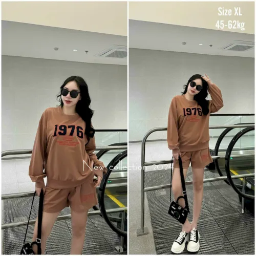 Đồ bộ thun nữ quần ngắn tay dài thêu số 1976 hàng xịn lên form chuẩn đẹp