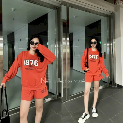 Đồ bộ thun nữ quần ngắn tay dài thêu số 1976 hàng xịn lên form chuẩn đẹp