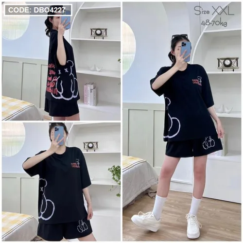 Đồ bộ thun nữ tay lỡ in hình gấu bên hông form dưới 70kg