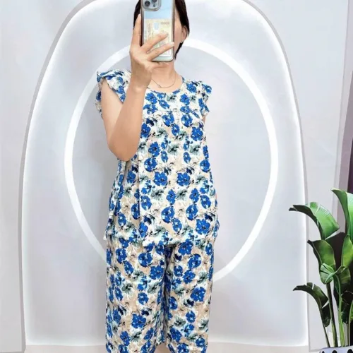 Đồ bộ tonl form lớn quần lửng áo sát nách bèo họa tiết