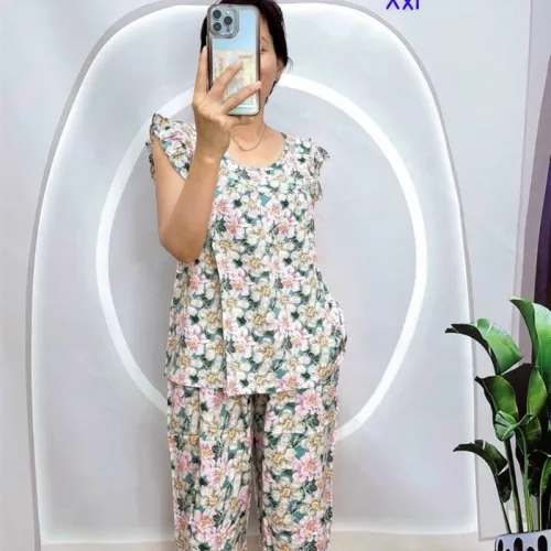 Đồ bộ tonl form lớn quần lửng áo sát nách bèo họa tiết