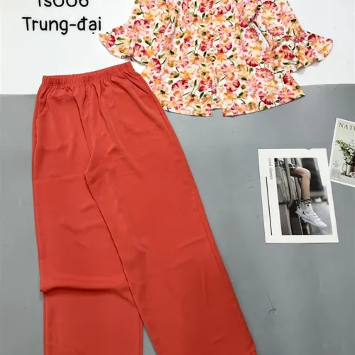 Đồ bộ trung niên mango quần dài màu trơn áo in bông có 2 size