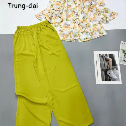 Đồ bộ trung niên mango quần dài màu trơn áo in bông có 2 size