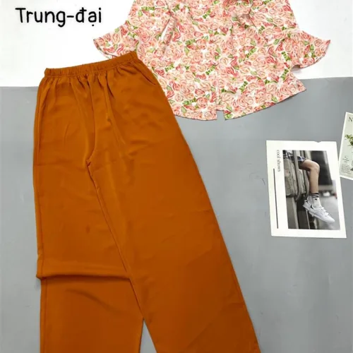 Đồ bộ trung niên mango quần dài màu trơn áo in bông có 2 size