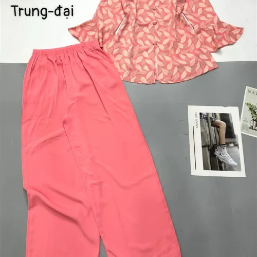 Đồ bộ trung niên mango quần dài màu trơn áo in bông có 2 size