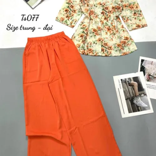 Đồ bộ trung niên quần dài màu trơn áo in bông có 2 size