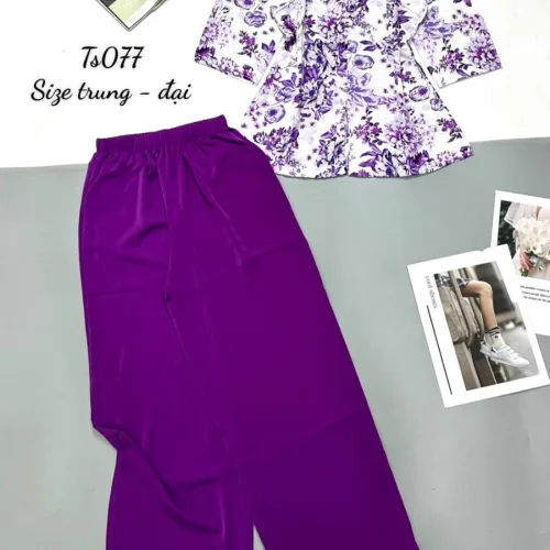 Đồ bộ trung niên quần dài màu trơn áo in bông có 2 size