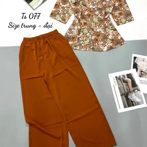 Đồ bộ trung niên quần dài màu trơn áo in bông có 2 size