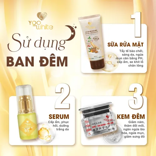 Dưỡng da là bước quan trọng nên đêm ngủ vẫn cần dưỡng da với  combo cho Face Đêm Yoo White