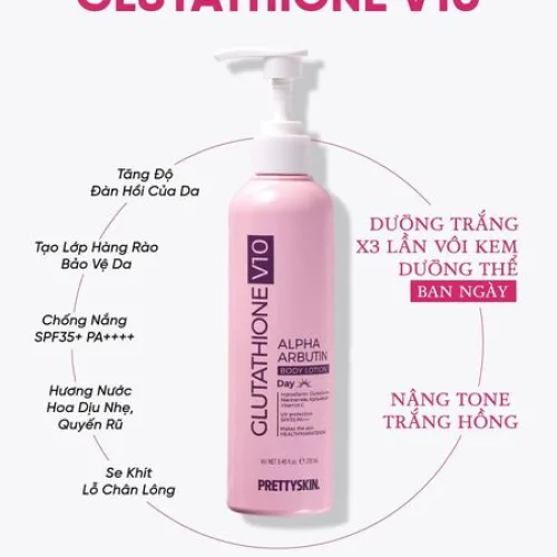 Dưỡng Thể Trắng Da Ban Ngày PrettySkin Body Glutathione V10 Alpha Arbutin Body Lotion có chức năng kép