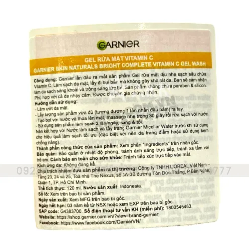 Gel Sữa Rửa Mặt Garnier Sạch Dịu Nhẹ Bright Complete Vitamin C Gel Wash 120ml