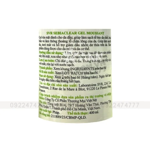 Gel Rửa Mặt SVR - Sữa Rửa Mặt SVR Dành Cho Da Dầu Mụn Nhạy Cảm  400ml