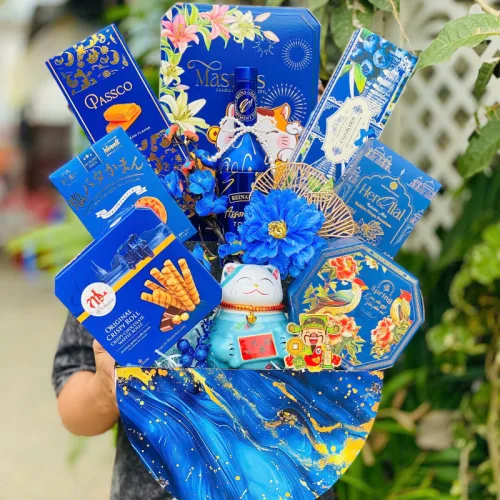 Giỏ Quà Tết Mèo Thần Tài Xanh Dương Sang Trọng - Quà Tặng Tết - Quà Trang Trí Tết - Giỏ Quà Tết