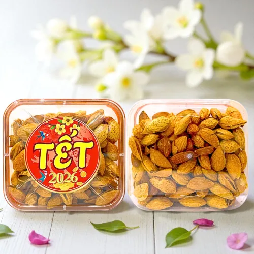 Hộp Hạnh Nhân Rang Bơ Hộp Vuông Tròn 500G Hộp Quà Tết 2026