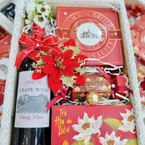 Hộp Quà Tết Chữ Nhật Rượu Vang Nho - Quà Tặng Tết - Quà Trang Trí Tết - Giỏ Quà Tết