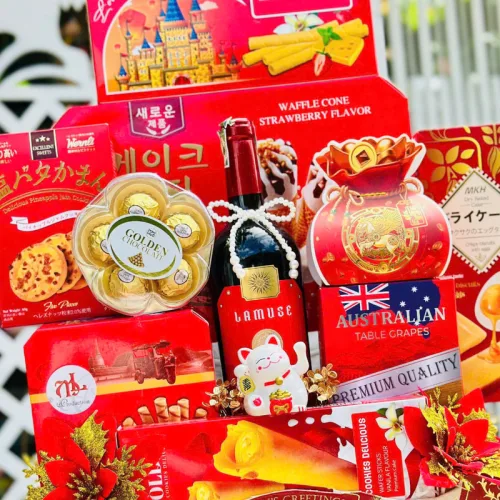 Hộp Quà Tết Rượu Bánh Kẹo Sang Trọng – Set Quà Cao Cấp - Quà Trang Trí Tết Biếu Ai Cũng Hợp - Giỏ Quà Tết