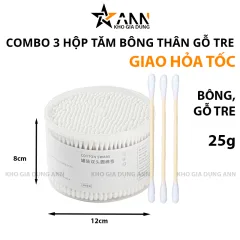 Combo 3 Hộp Tăm Bông Ngoáy Tai - Tăm Bông Thân Gỗ 2 Đầu Bông Mềm Mại 8x12cm