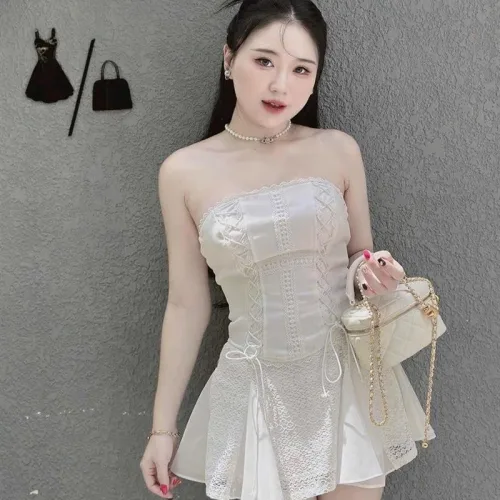 jum ống trắng ren hoa đan dây eo