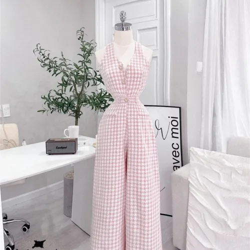 Jumpsuit dài basic kẻ