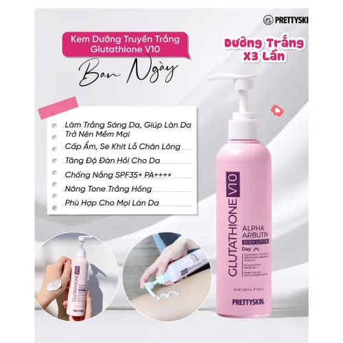 Kem Body Prettyskin Màu Hồng Ban Ngày Glutathione V10 Alpha Arbutin Body Lotion 250ml