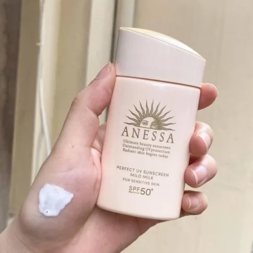 Kem Chống Nắng Anessa Hồng Perfect UV Sunscreen Mild Milk SPF50+/PA++++ Cho Da Nhạy Cảm & Da Trẻ Em 60ml