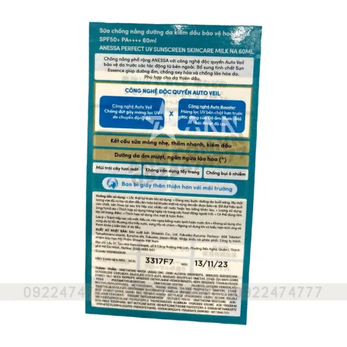 Kem Chống Nắng Anessa Xanh Perfect UV Sunscreen Skincare Milk 60ml