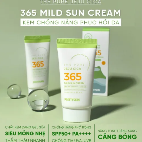 kem chống nắng rau má Pretty Skin The Pure Jeju Cica 365 Mild Sun Cream