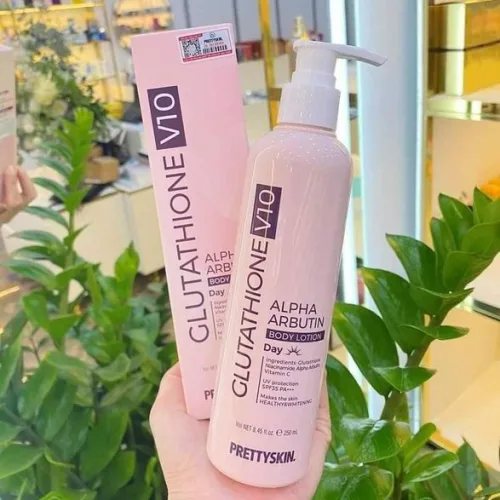 Kem Dưỡng thể Prettyskin trắng da chống nắng Glutathione V10 Alpha Arbutin Body Lotion SPF 35+++  250ml
