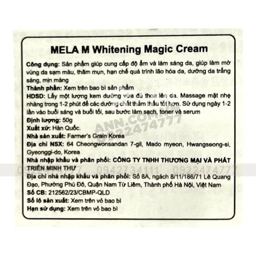 Kem Face Mela M Whitening Magic Cream Hỗ Trợ Da Nám 50g