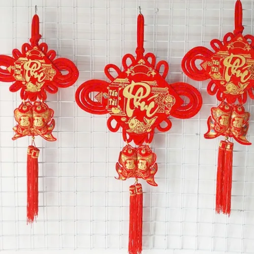 Khánh Nhung Đỏ Chữ Phúc 3D - Liễn Vuông Cá Chép Nhung Đỏ Trang Trí Tết - 12cm