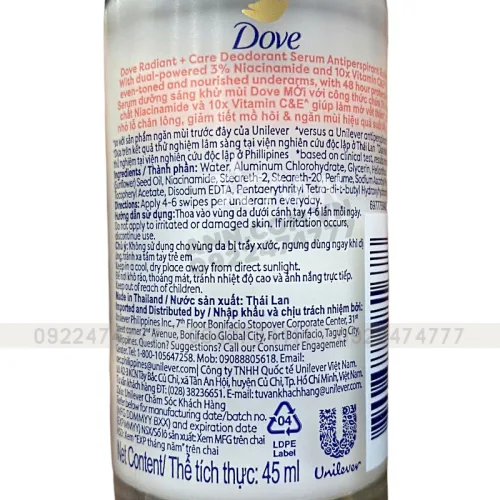 Lăn Khử Mùi Dưỡng Trắng Dove 3% Niacinamide + 10x Vitamin C&E Chai Màu Cam 45ml