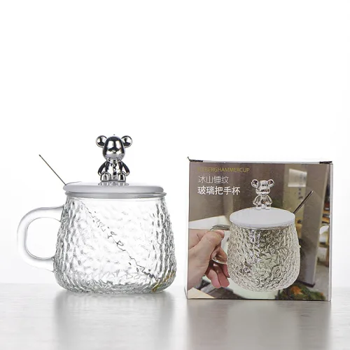 Ly Thủy Tinh Nắp Gấu Cốc Thủy Tinh Pha Lê Có Nắp Kèm Thìa 10x9.5x8cm