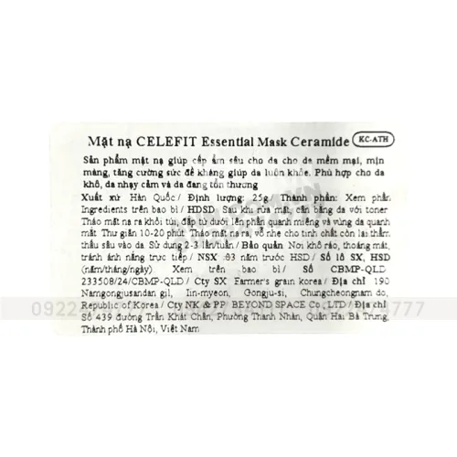 Mặt Nạ Celefit Mask Ceramide Màu Cam Hỗ Trợ Cấp Ẩm Da Hộp 10 Miếng