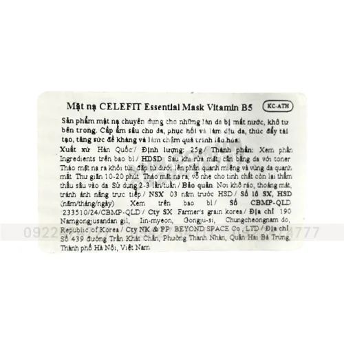 Mặt Nạ Celefit Mask Vitamin B5 Màu Xanh Dương Hỗ Trợ Cấp Ẩm Làm Dịu Da Hộp 10 Miếng