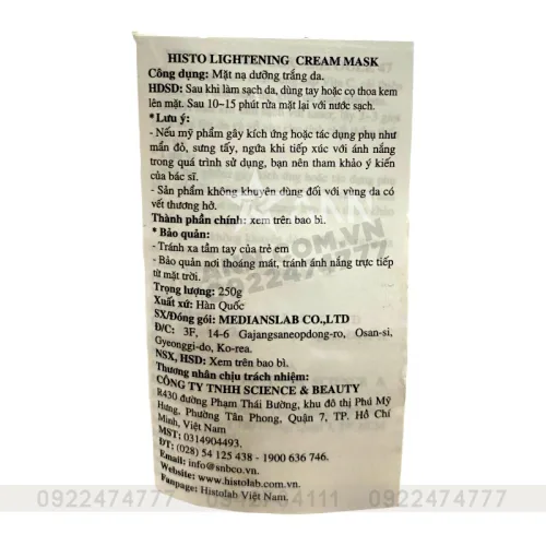 Mặt Nạ Kem Histo Lightening Cream Mask Dưỡng Trắng Da 250g