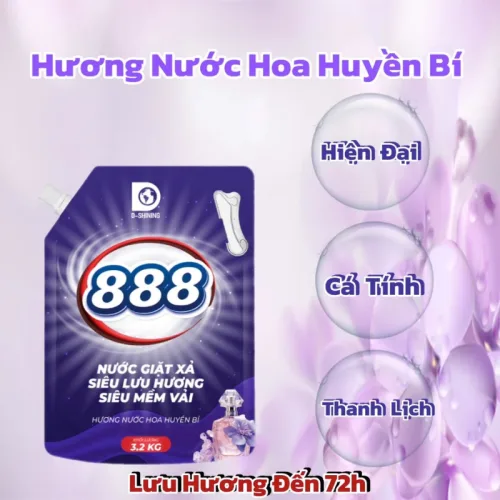 Nước Giặt Xả Cao Cấp 888 D-Shining Hương Nước Hoa 3,2kg - Túi Màu Tím