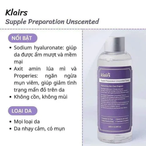 Nước hoa hồng không mùi Klairs Supple Preparation Unscented Toner lành tính cho mọi loại da