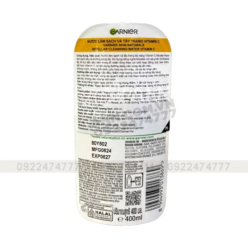 Nước Tẩy Trang Garnier Nắp Vàng Micellar Cleansing Water Vitamin C Dành Cho Da Sạm Xỉn Màu 400ml