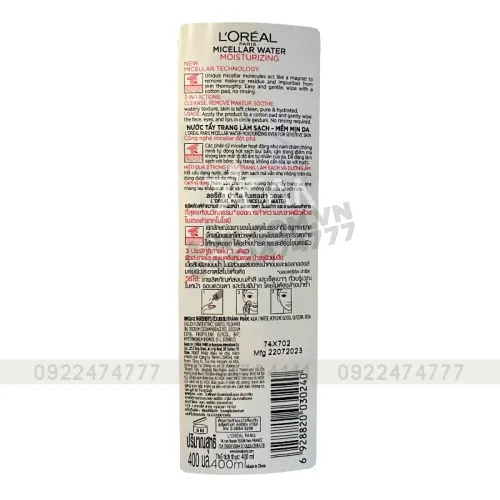 Nước Tẩy Trang Loreal Paris Màu Hồng Dưỡng Ẩm Micellar Water Moisturing 400ml