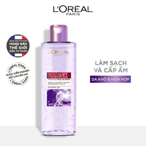 Nước Tẩy Trang Loreal Màu Tím Sạch Sâu Cấp Ẩm Revitalift Hyaluronic Acid Micellar Water 400ml - Hàng Công Ty Có Tem Phụ